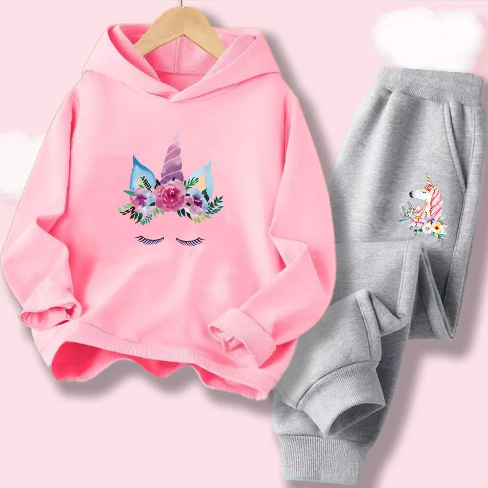 Mädchen-Set mit Blumenmuster und Einhorn-Print, bestehend aus zwei Teilen: dünner Kapuzenpullover und Jogginghose, lässiger Trainingsanzug für Frühling und Herbst.