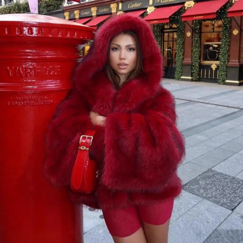 Autumn Winter  Fur Coat Women's ort Artificial Hair Angora Red Hooded Sle Cross-Border New Arrival Faionable