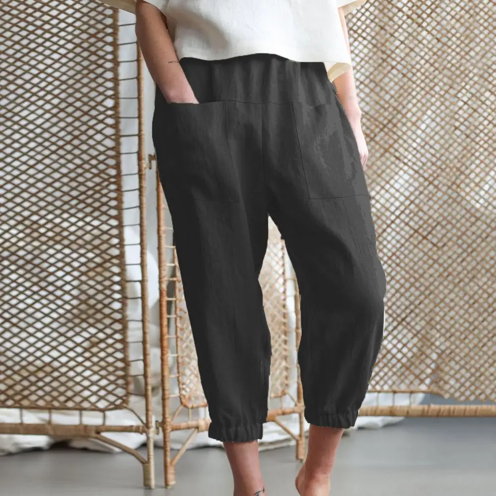 

Versatile Women Trousers Stylish Women's Wide Leg Cropped Pants with Big Pockets Mid-rise Elastic Waist Trousers for Streetwear