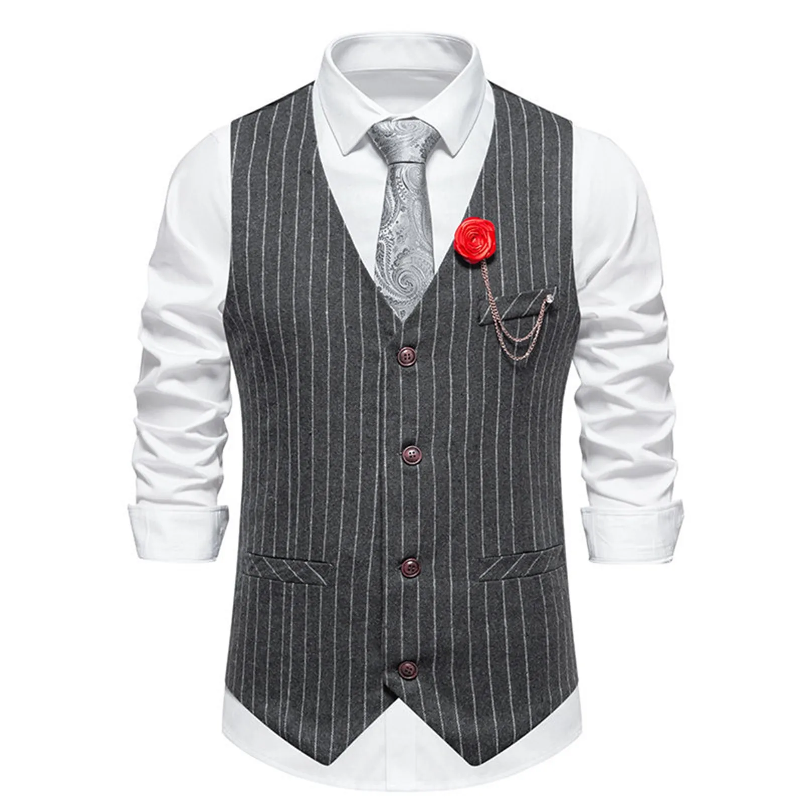 

Men Shirt Vest Fashion Striped Casual Suit Vest Jacket Slim Fit Waistcoat Gilet British Sleeveless Formal Business Vests Wedding