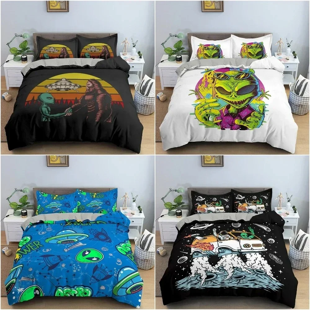 

Mysterious UFO Alien Bedding Set Luxury Bedclothes Cartoon Print Polyester Duvet Cover With Pillowcase For Bedroom Decor