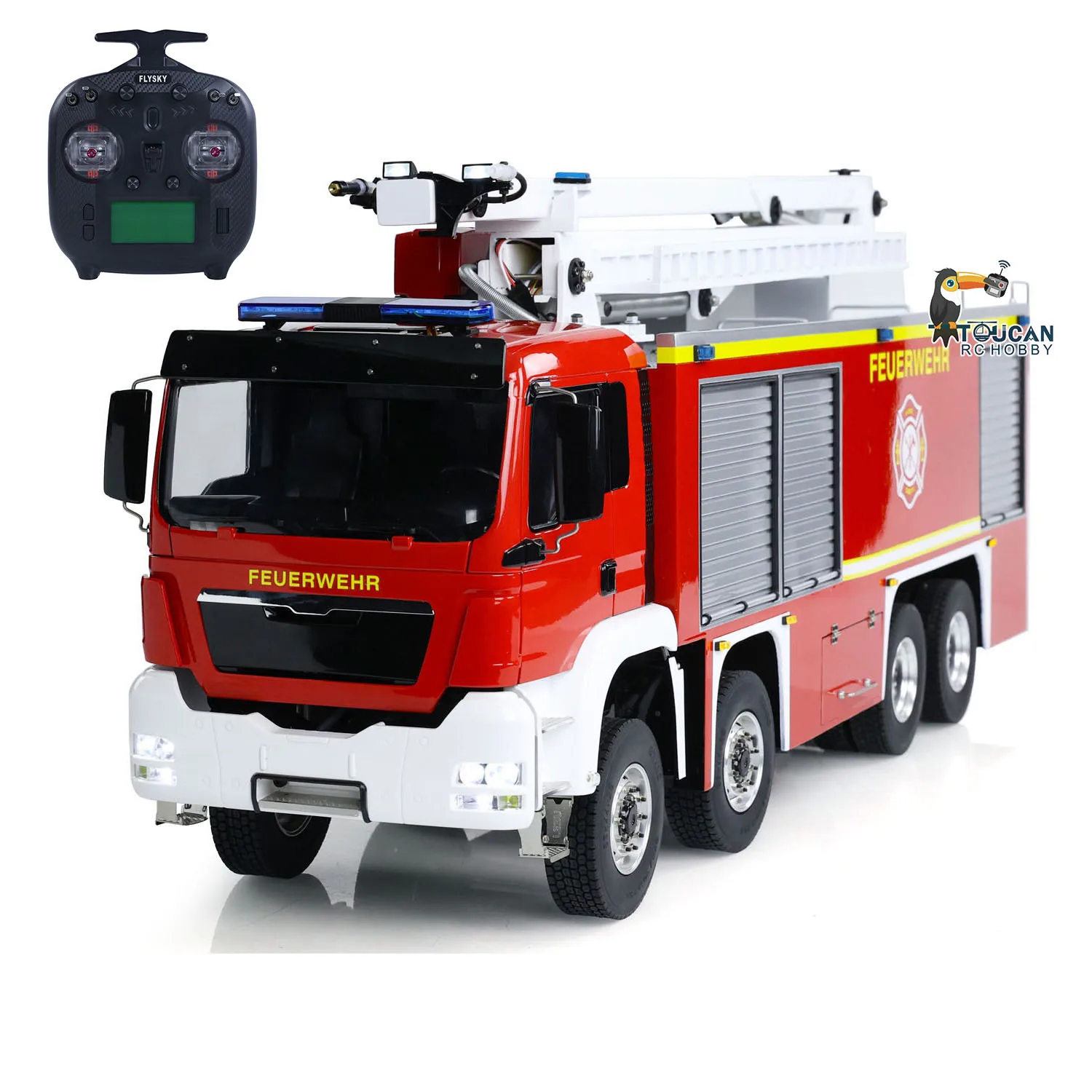 1/14 Metal Chassis 8x4 Snozzle High-reach Extendable Turret RC Fire Truck Light Sound Painted Finished Car Vehicle Toys for Boys