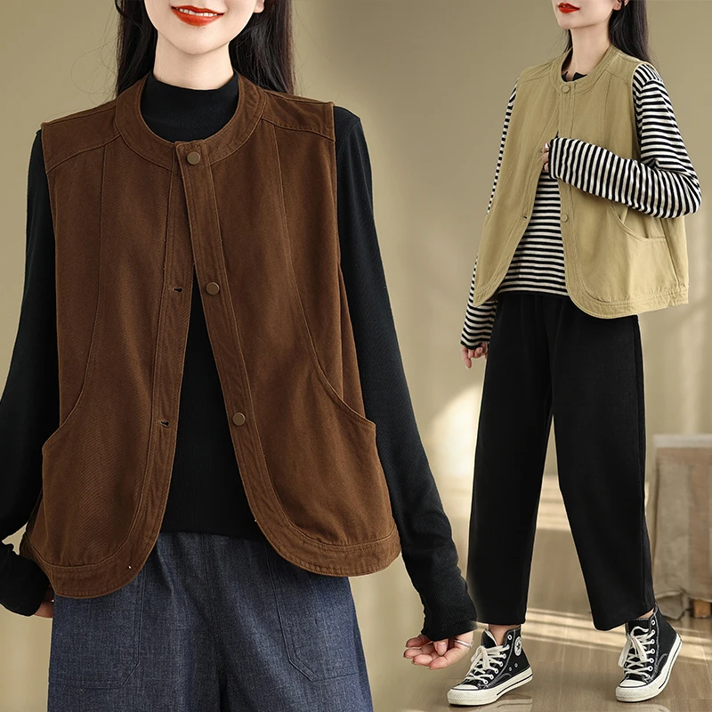 

Повседневный свободный жилет без рукавов, женский топ, весна 2024, новинка, универсальный круглый жилет из чистого хлопка Ne, рабочая одежда, жилет с подплечниками