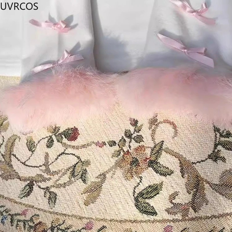 Dolce stile Lolita Mezza collo alto Top Donna Grunge Slim Fit T-shirt con fiocco in pizzo Inverno Y2k Estetica Patchwork di pelliccia Kawaii Tees