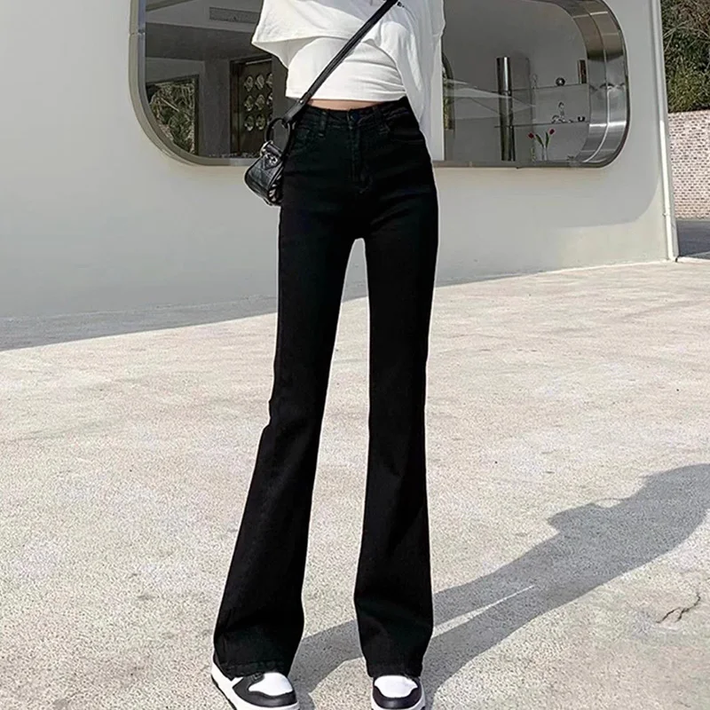 2025 High Street Women Solid Flared Jeans Girls Korean Casual High Waist Denim Trousers Women Classic Daily Straight Leg Pants