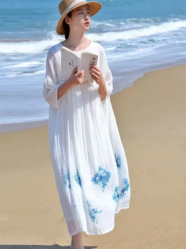 Women Summer Ramie Double layered Dress New Lazy Beach Vacation Cotton and Linen Oversize Blue Dyed Loose Long Dress 2024 X975