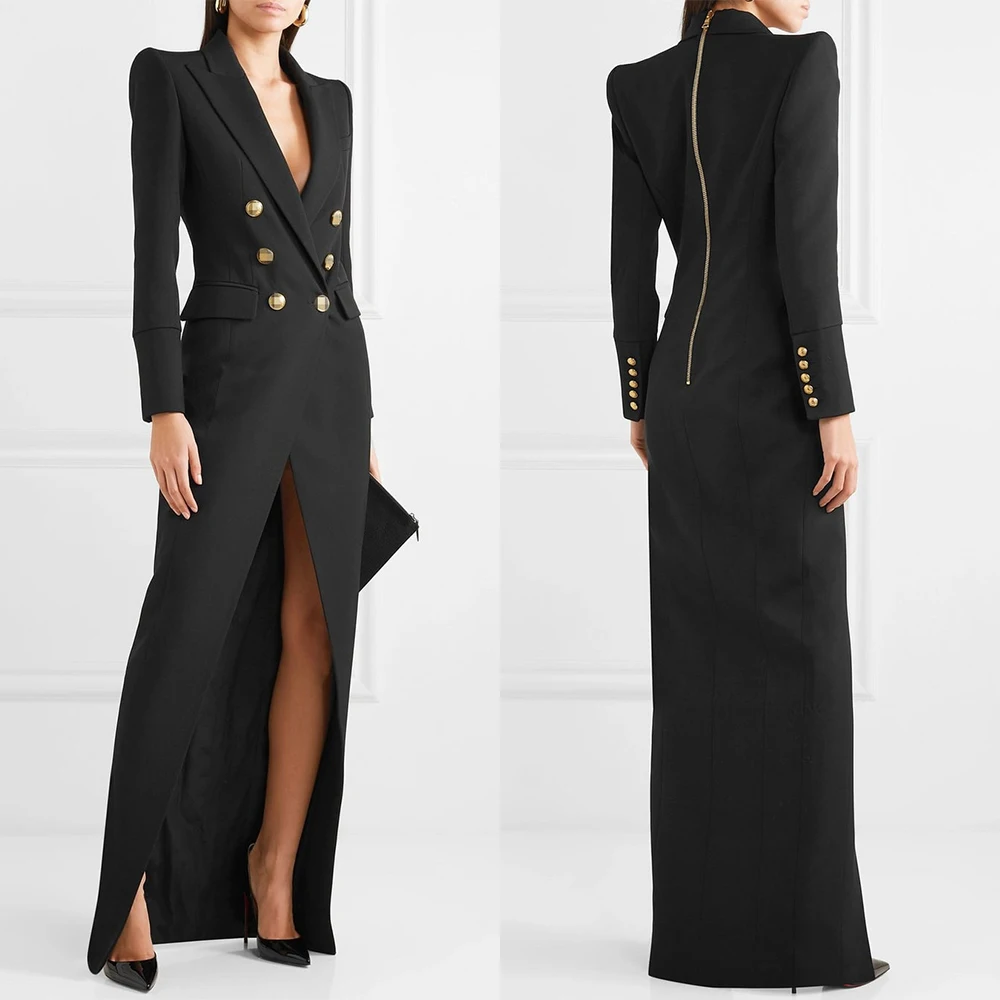 

Spring Black Gold Double Breasted Women Long Jacket Suits Ladies Prom Evening Guest Formal Wear Custom Made Dress Blazer