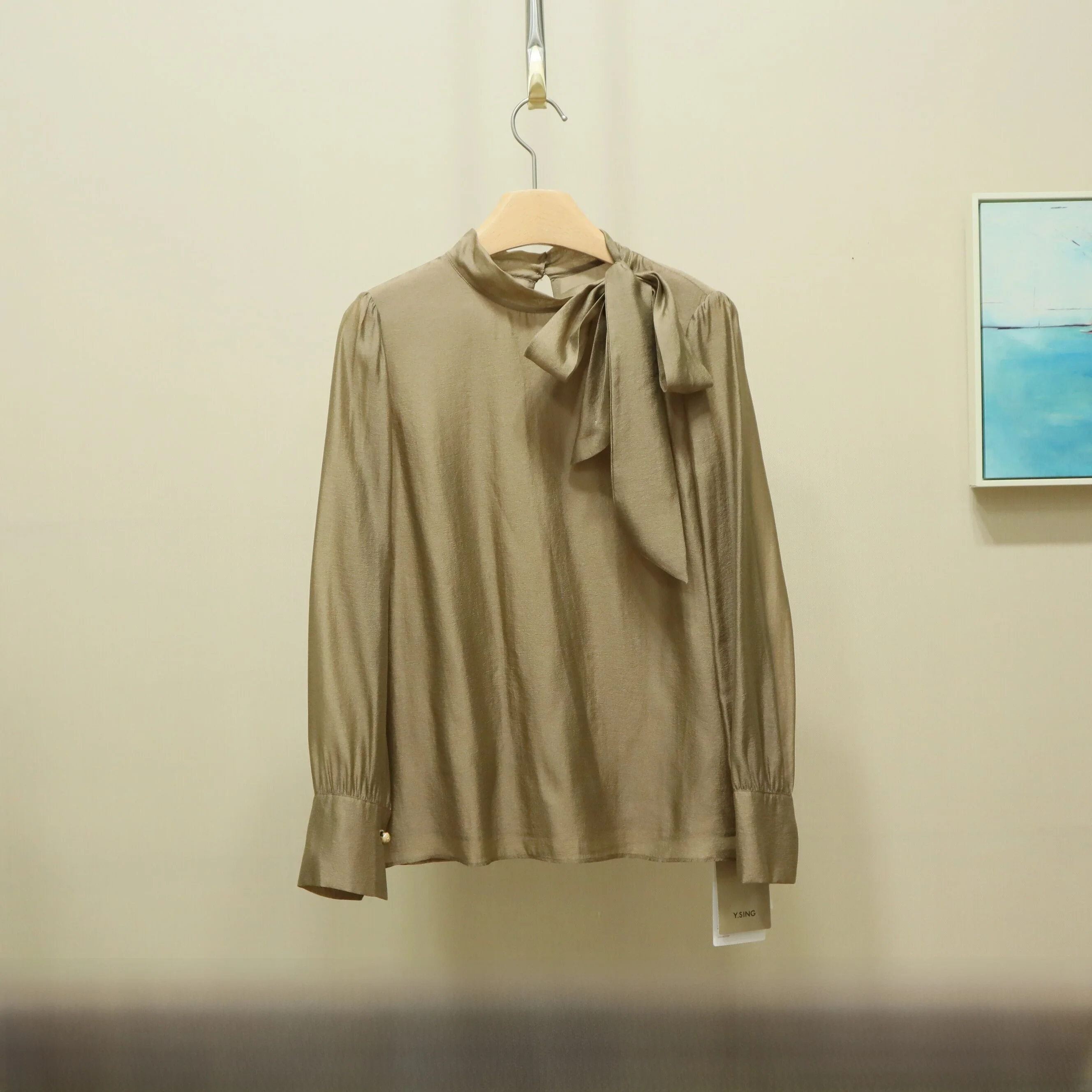 

Versatile Stand Collar Belted Top Spring New Sle 2026Y Sing Ladies irt Commute Sle Skin-friendly Breathable Long Sve