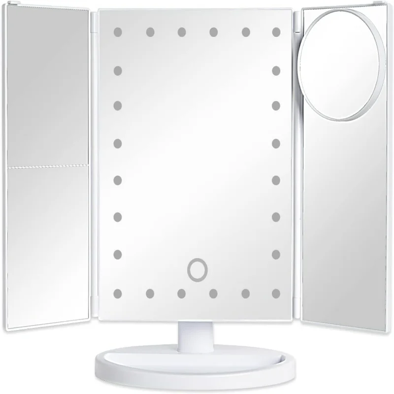 

Portable Travel Tri-Fold Vanity Mirror with LED Lights, Dual Power, Touch Control, 1X/2X/3X Magnification, 10x Small Lens - Fold