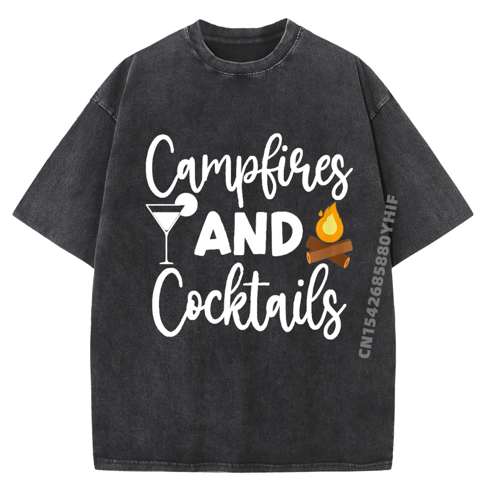 

Mens Campfires And Cocktails Camping Lover Camper Outdoor Sayings VNeck Graphic T Shirt Loose Washed Man Clothes