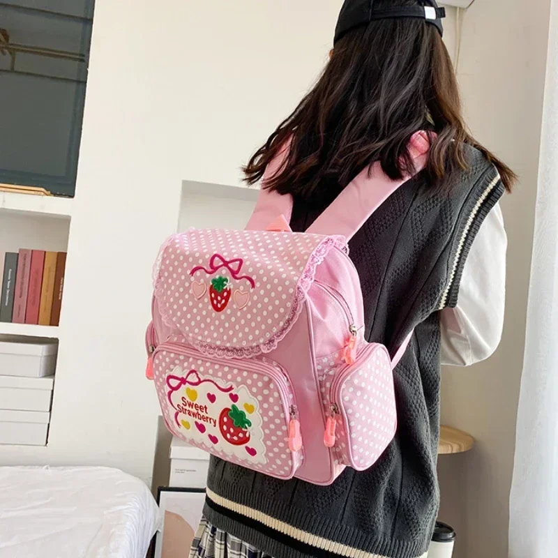 Pink Girl Embroidery Strawberry Children\'s Schoolbag Student Birthday Gift 2024 New Japanese Cartoon Pink Backpack Book Bags