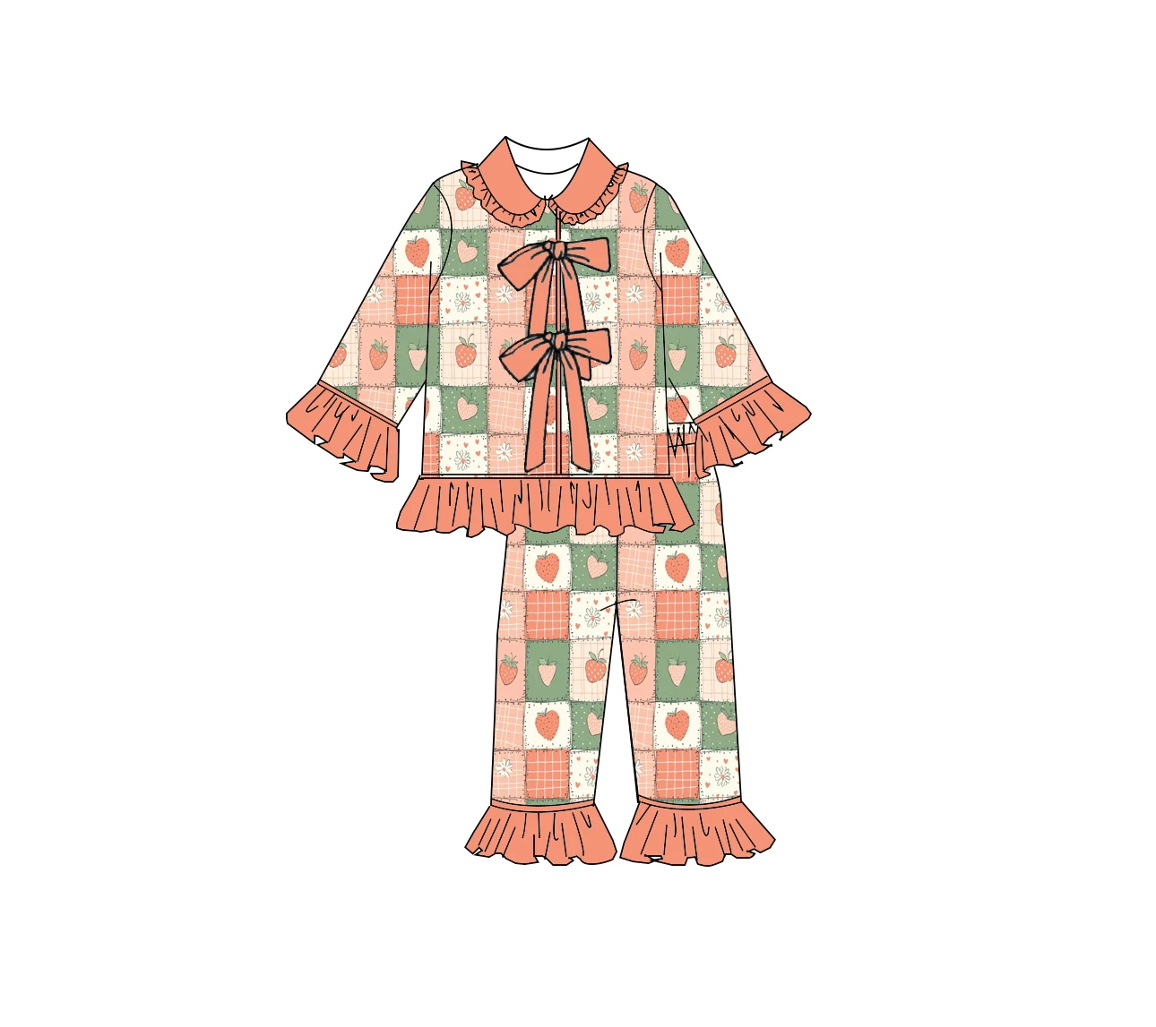 Valentine's Day New Strawberry Heart and Cherry Print Long-Sleeved Pants with Large Bow and Ruffles for Girls Pajama Set and Rom
