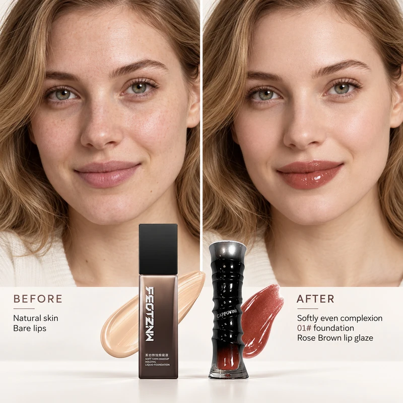 3PCS Full Coverage Liquid Foundation & Lip Gl Lip Glaze Makeup Set, 1 Long Wear Face Base + 2 High Shine Lip Glosses, Up to 24H Foundation Wear, Smooth Blendable Coverage, Waterproof Lip Color, Rose Brown & Deep Chocolate, Choose Shade