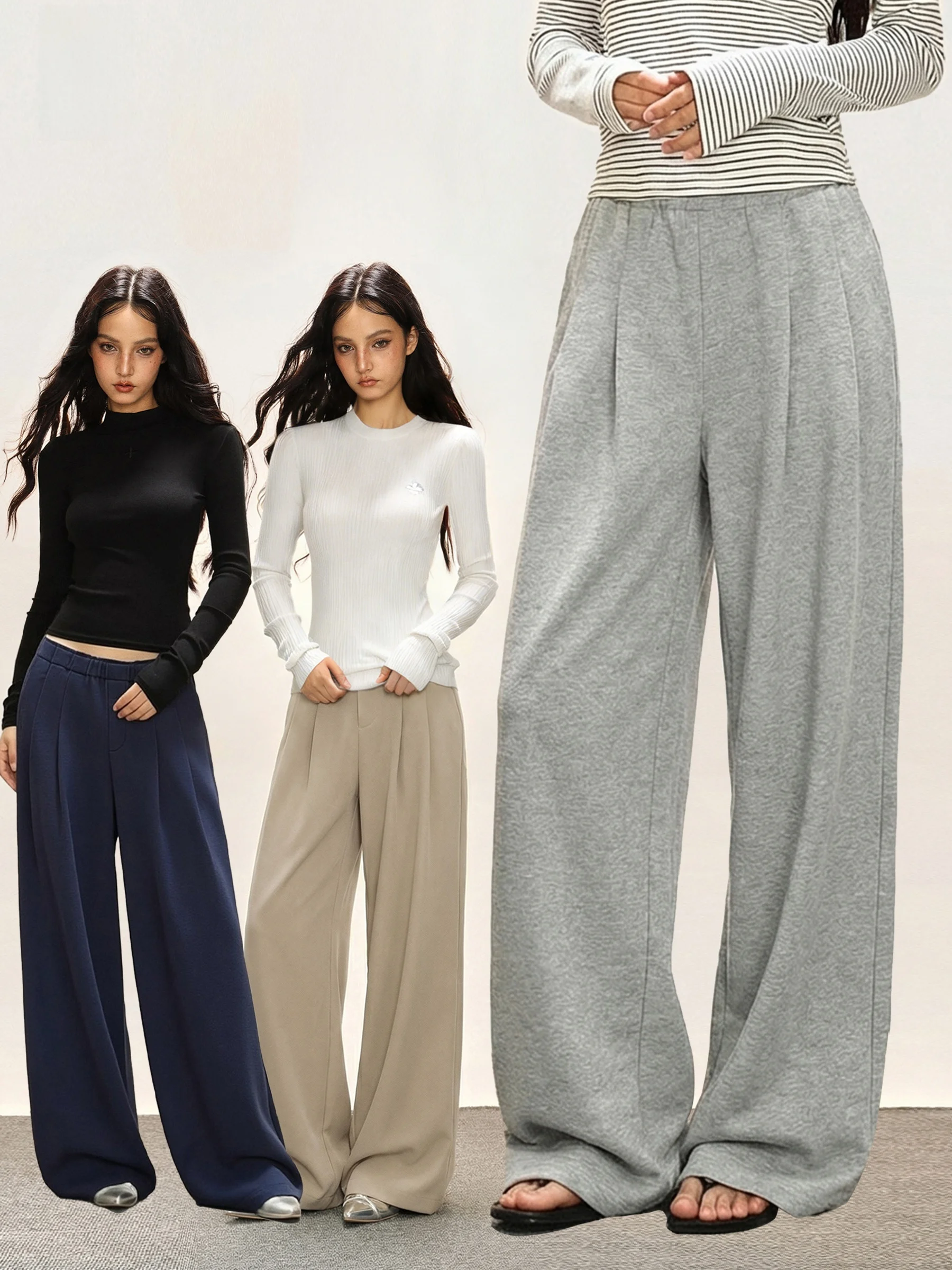 

iyue American Folded Wide Leg Pants Women Spring Color Not Legging Floor-Length Loose Straight Casual Pants