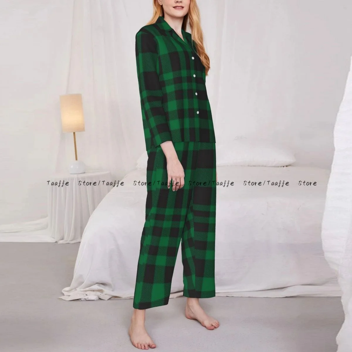 Spring and Autumn Pajama Set Women's Long Sleeve Pants Two Piece Plaid Checkered Tartan Pattern Home Furnishing Set