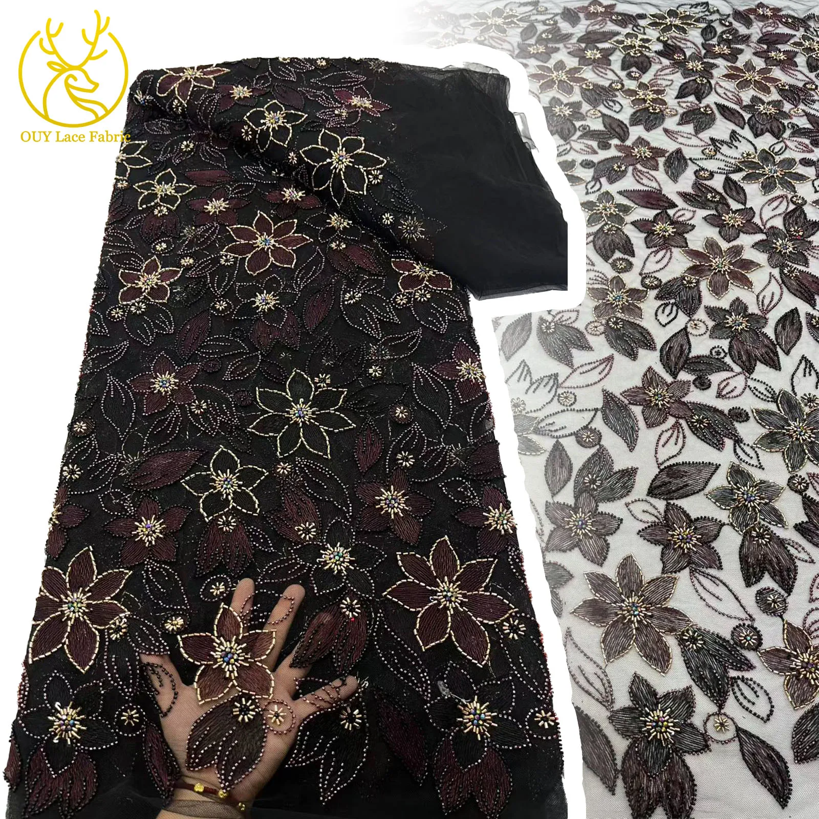 

New Design Groom Embroidery African Beaded Lace 2025 High Quality Nigerian Sequins Tulle Lace Fabric Wedding Party Dress 5 Yards
