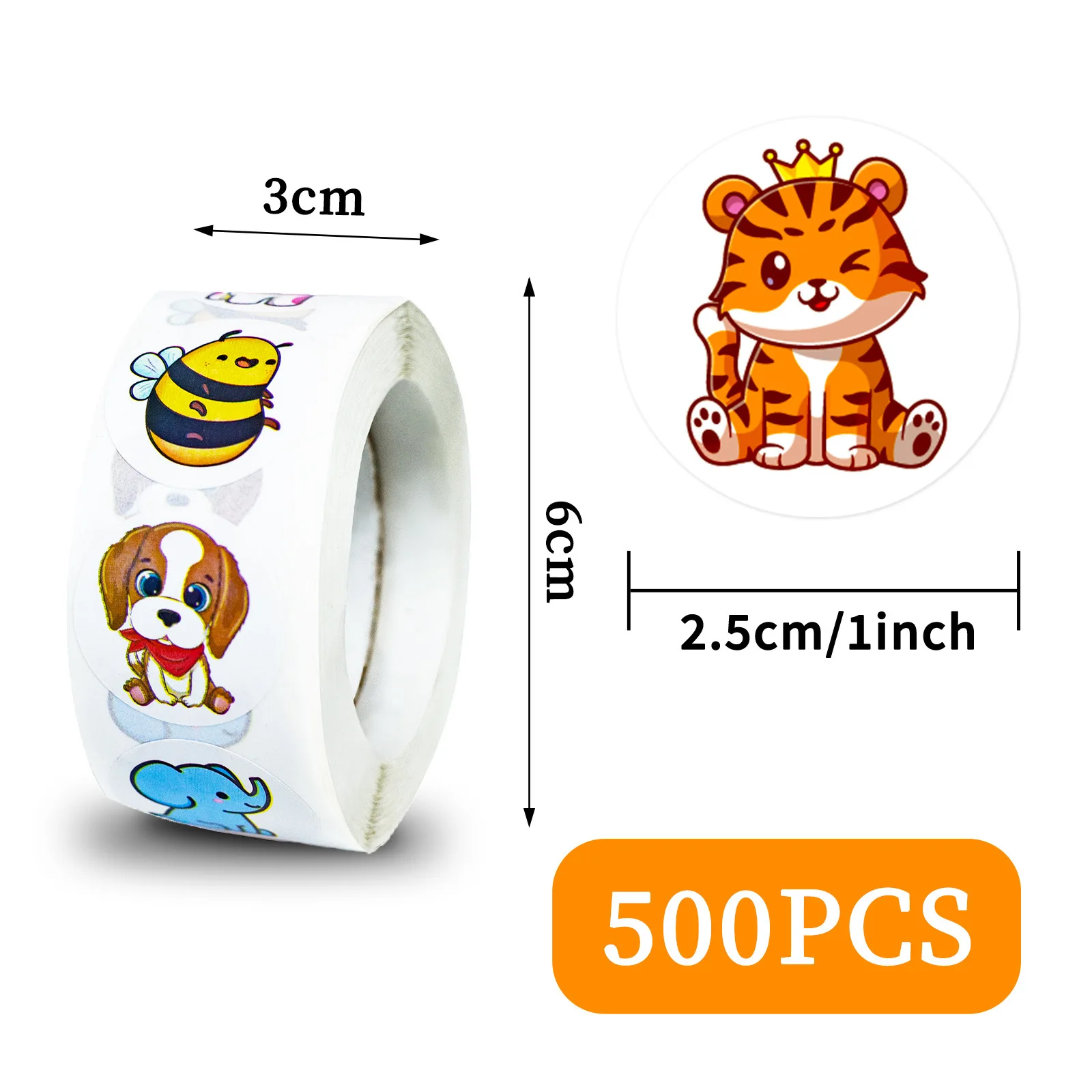 500PCS /1 Roll Bird Dog Bee Lion Tiger Sticker 2.5cm/1inch Decoration Gift Cartoon Sticker DIY Cute Label Stationery Sticker