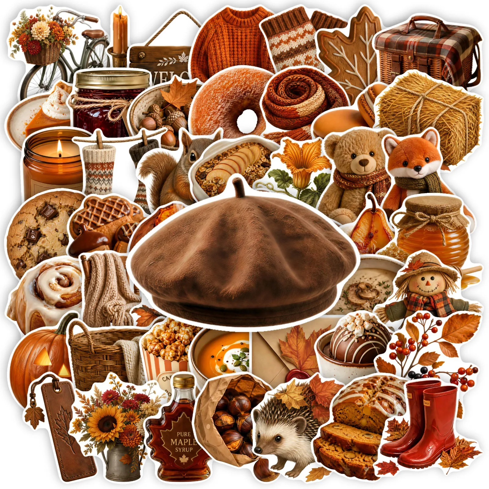 50-Piece Autumn Stickers Set Vintage Brown Series Daily Scrapbooking Decorative Decals Waterproof Self-Adhesive Premium Quality