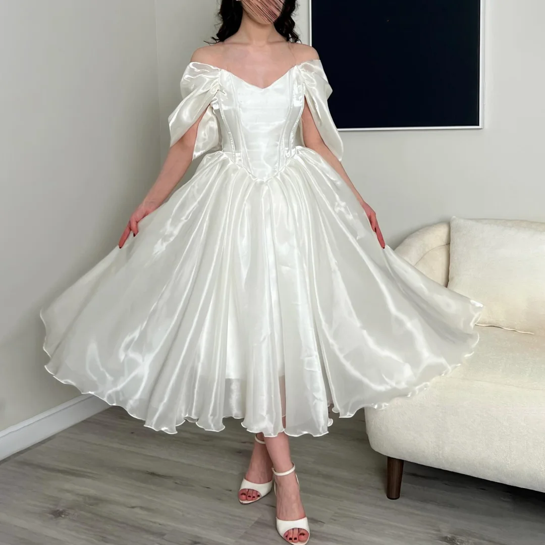 

Dazzling Organza Off the Shoulder Evening Dresses Elegant V-neck Ankle-Length Ruffles Lace Up A-line Prom Dress vestido de noche