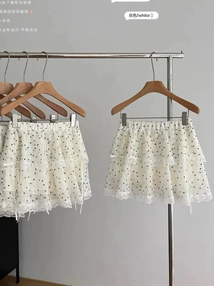 Renda emenda bolinhas bolo mini saia feminina 2025 verão cintura alta bandagem magro a linha y2k saias puro doce skort