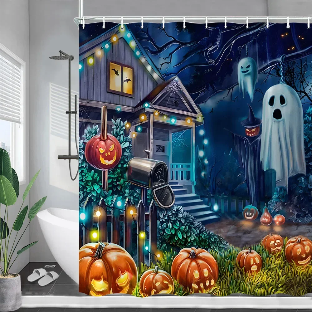 Horror Halloween Shower Curtains Forest Castle Pumpkin Dead Tree Bat Moon Night Scenery Fabric Bathroom Curtain Decor with Hooks