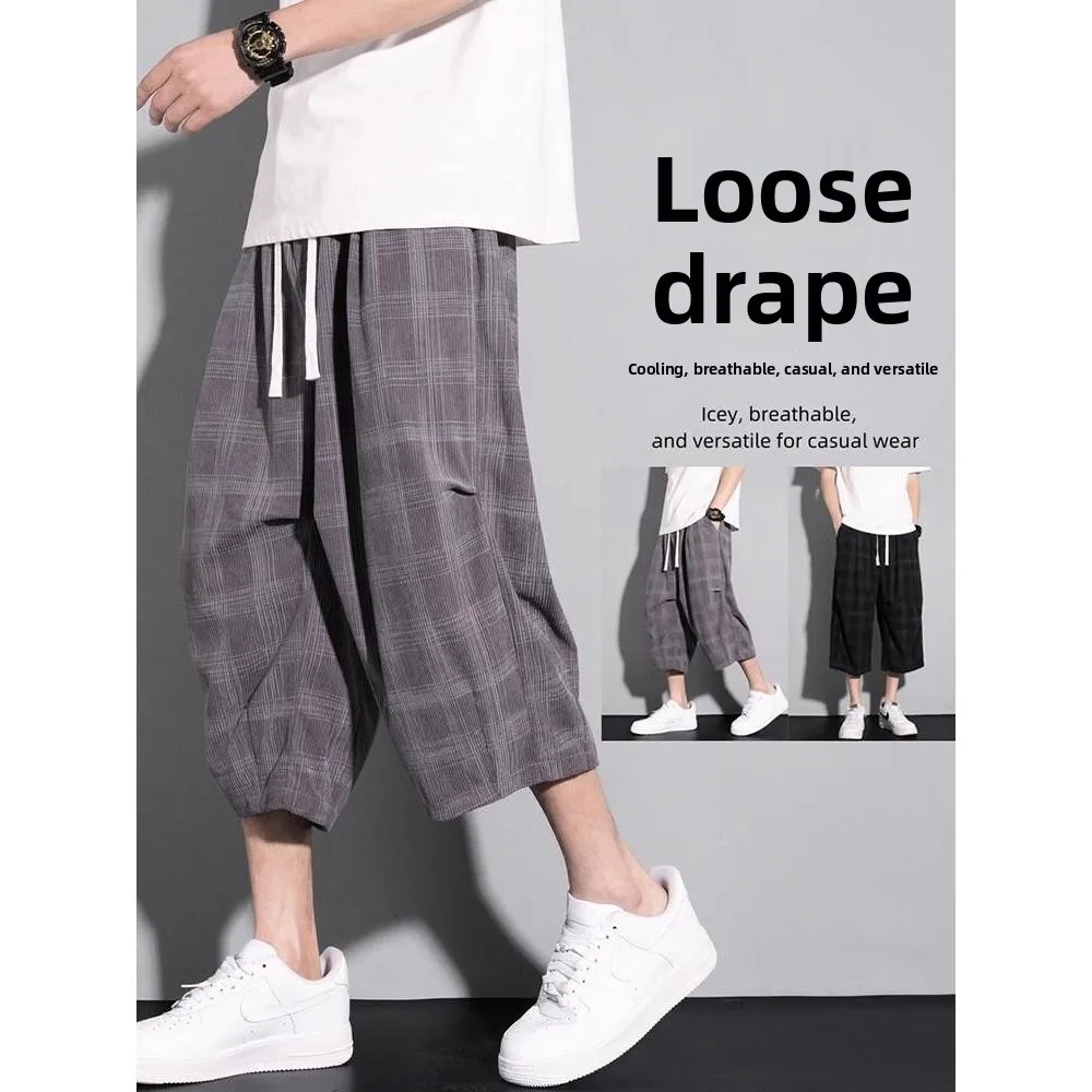 

New Chinese Sle Plaid Men's Seven-Foot Pants Summer Design Sense Pleated Wide Leg Loose Fit Qui Dry Sport orts