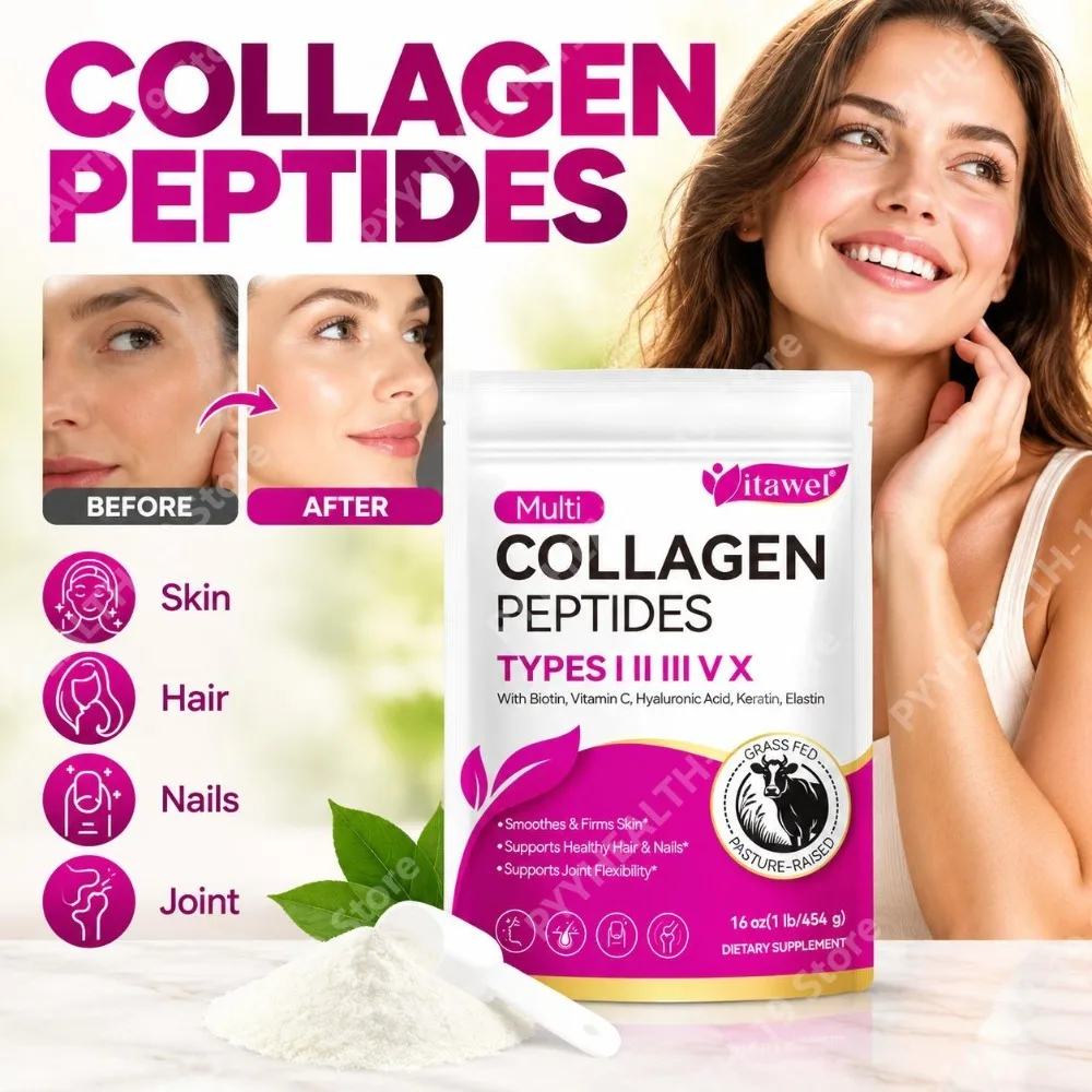 Vitawel Multi Collagen Powder with Vit C HA - 5 Type I,II,III,IV,X for Skin Elasticity, Hair, Nails Joint Support Grass Fed 454g