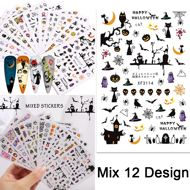 

12pcs Mixed Different Designs Nail Sticker Halloween Nail Art Sticker Pumpkin Ghost Devil Skull Nail Art Decorations Nail Decals