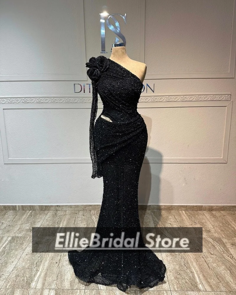 فساتين سهرة سوداء بكتف واحد رائعة مطرزة بالترتر طويل حورية البحر للحفلات الراقصة 2025 فيستدوس دي غالا أنثى مخصصة