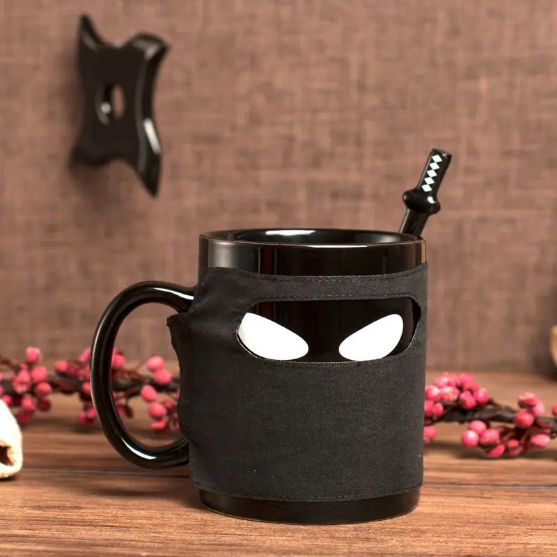 Kawaii Ninja Porcelain Mug with Lid & Spoon, Creative Funny Water Coffee Cup, Multipurpose Kitchen Drinkware Set