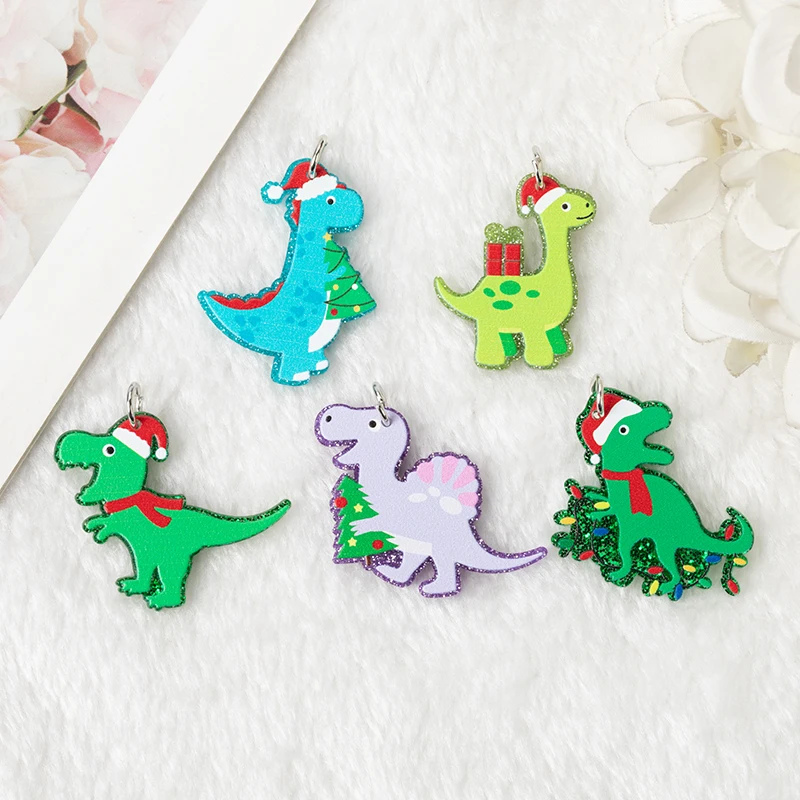 10Pcs Christmas Charms Cute Dinosaur Christmas Hat Gift Flatback Acrylic Findings Jewelry For Diy