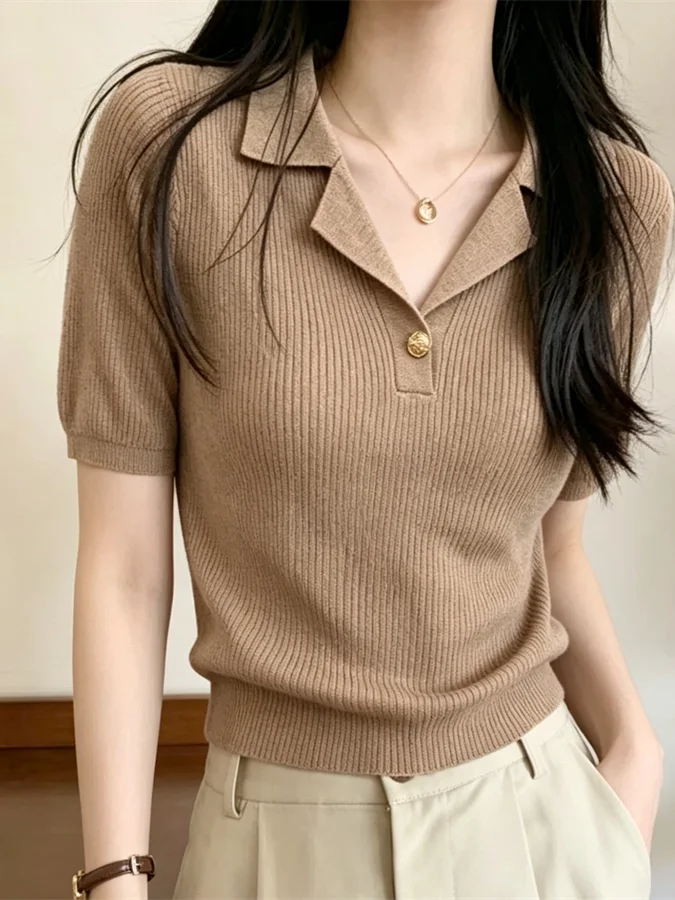 

Korean Style Slim Fit Short Sleeve Knitted Shirt Women's Summer New Style Luxury Light Weight T-Shirt Turn down Collar Top