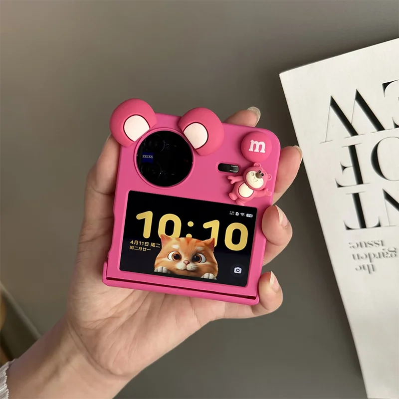 

For Vivo X Flip Case Cute 3d Bear Ear Phone Case Rose Red Hard PC New Year Cover Women ladies