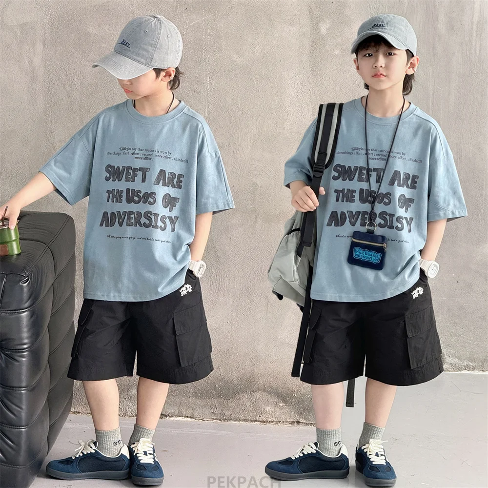 

Children New Casual Clothing 2 PCS Set Summer Clothes for Kids Boys Short Sleeve T-shirts + Cargo Shorts Top Bottom Suit Wear