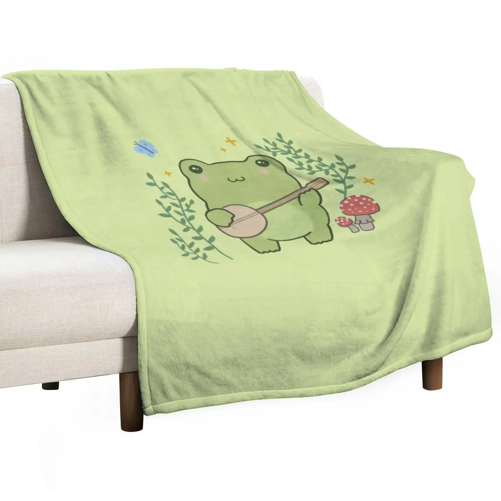 

Cute Kawaii Frog Playing Banjo - Toad Plant Fungi Blue Butterfly - Cottagecore Aesthetic Mushroom - Chubby Phrog - Throw Blanket