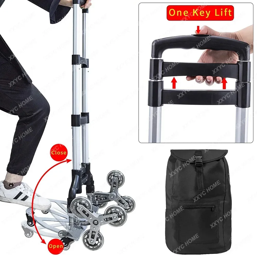 Lighten Up 150KG All Terrain Stair Climbing Cart Hand Truck with Bungee Cord Folding Trolley for Upstairs Cargo with Stroage Bag