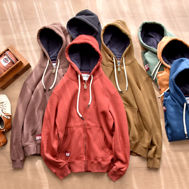 سترة بقلنسوة من الصوف للخريف والشتاء ثقيلة الوزن للرجال سترة يابانية مناسبة للزوجين بغطاء للرأس دافئة وسحاب عالي الشارع