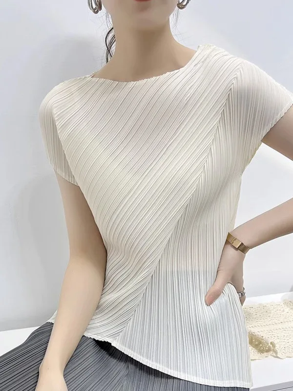 

Elegant Folded Women's Top Short Sleeve Slim Fit T-Shirt Summer New Style Asymmetrical Polyester Fiber round Neck