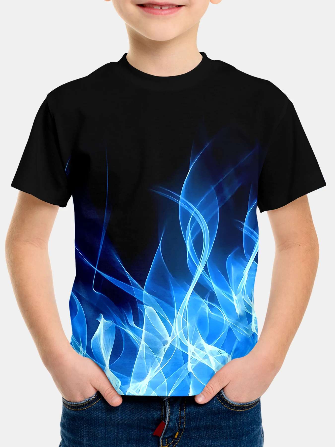 

Fashion summer children's clothing Burning fluorescent blue flame print Fun trend Fashion short sleeve boy's T-shirt 2025 summer