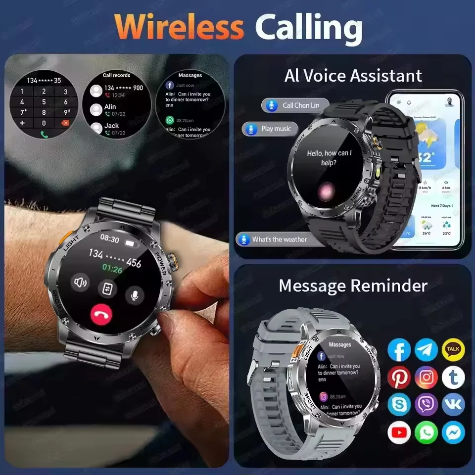 2025New Outdoor Militaire 1000mAh HD AMOLED SmartWatch Mannen Sport Fitness LED Zaklamp 5ATM Waterdichte Draadloze Oproep Smartwatch