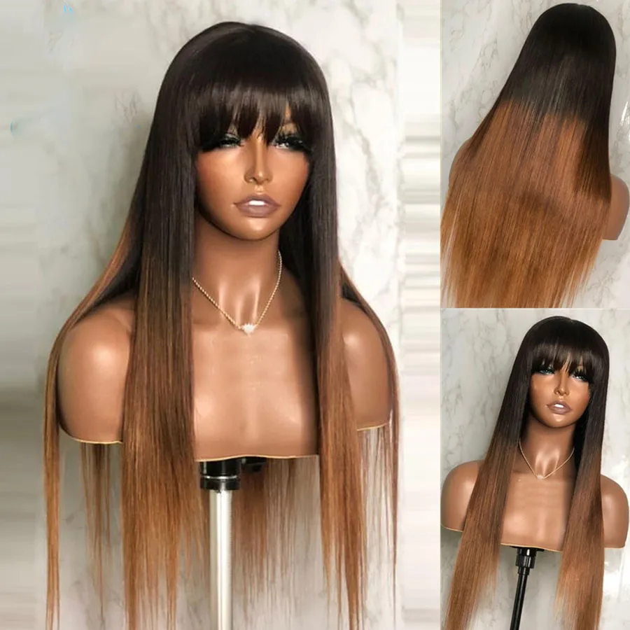 Ombre Brown Blond Soft 26“Long Straight 180Density Lace Front Wig With Bangs Synthetic For Women High Temperature Glueless Daily