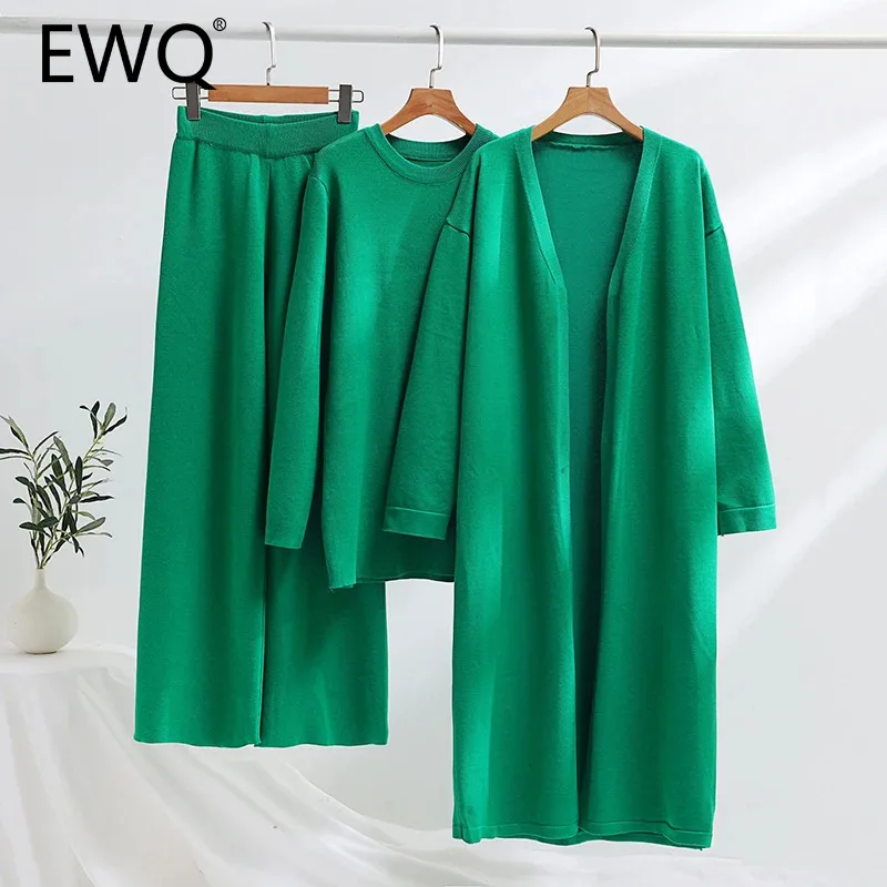 EWQ Casual Knit Sweater Solid 3 Pieces Ser For Women Loose Long Sleeved Coat Round Collar Top High Waist Pant 2024 New 27X597