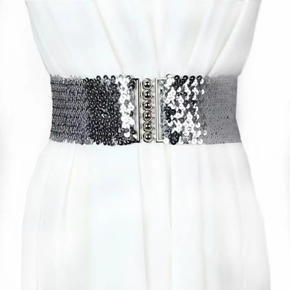 Sparkling Sequined Wide Corset Belt Metal Buckle Stretch Sequin Elastic Cummerbunds Corset Belt Decorative Waist Corset Belts