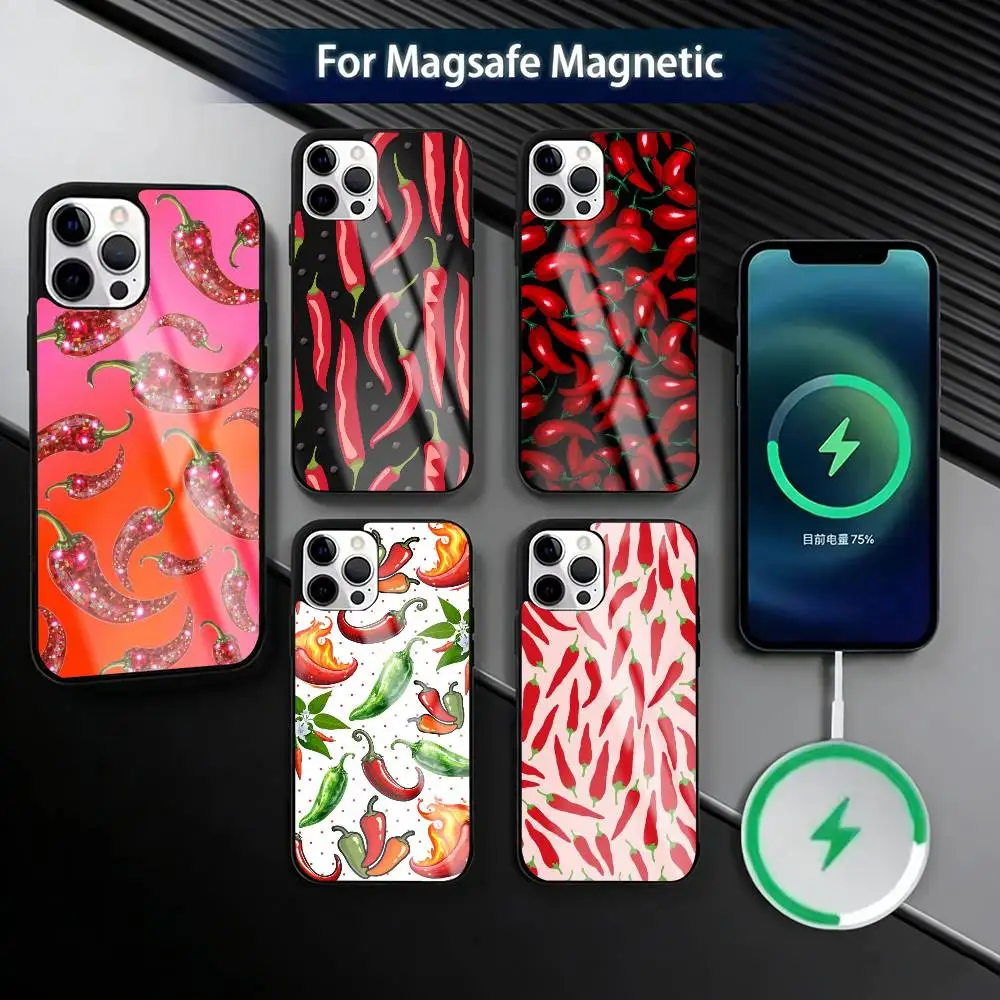 

Red Chili Pepper P-Pattern Phone Case For iPhone17,16,15,14,13,12,11 Plus,Pro Magnetic with Magsafe Wireless Charging