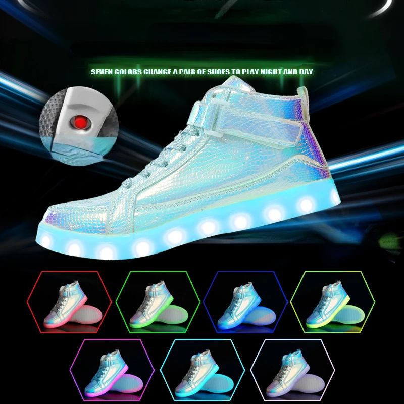 Trendy Men Luminous Shoes Cool Men Casual Shoes Couples Outdoor High-top Shoe Colorful Mirrored Velcro Shoe Zapatos Para Hombres