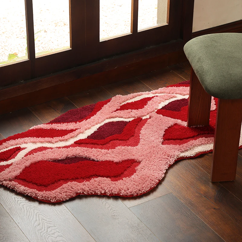 

Hand Tufted Bathroom Rugs, Red Stripe lips Bath Mat, Non Slip Washable Modern Rug Microfiber Shaggy Door Mat, Nursery Carpet