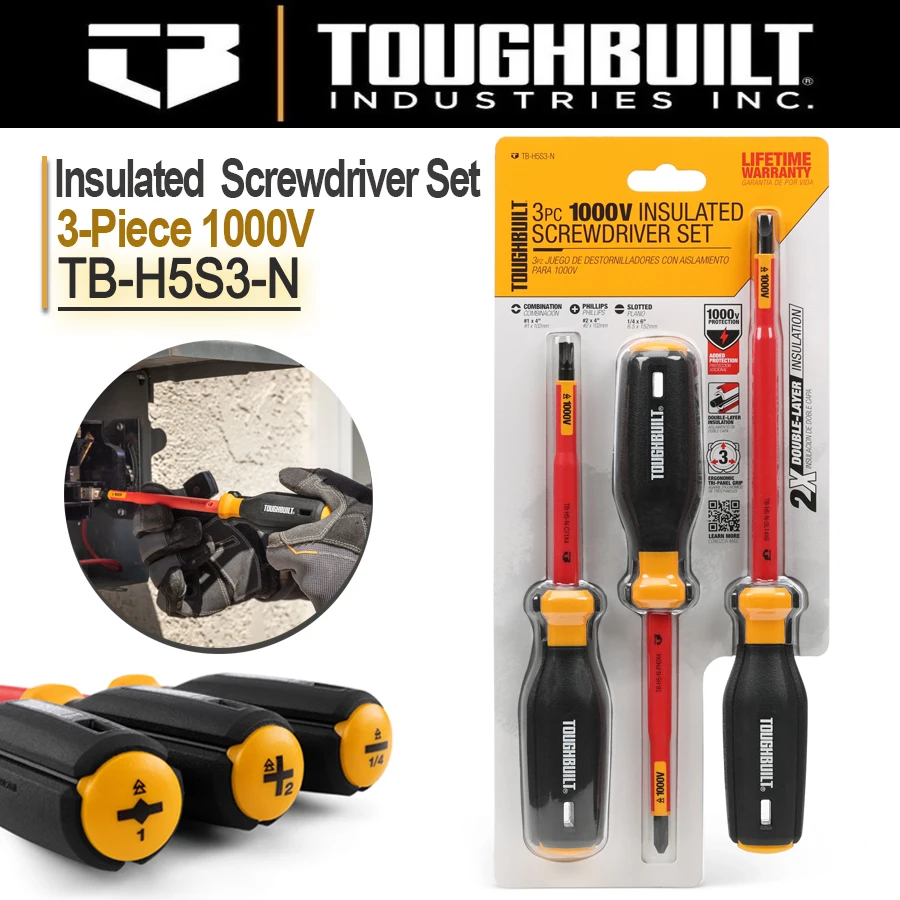 TOUGHBUILT TB-H5S3-N 3-Piece 1000V Insulated Screwdriver Set Suitable for Phillips and Slotted Screws Magnetic Tip Electrician