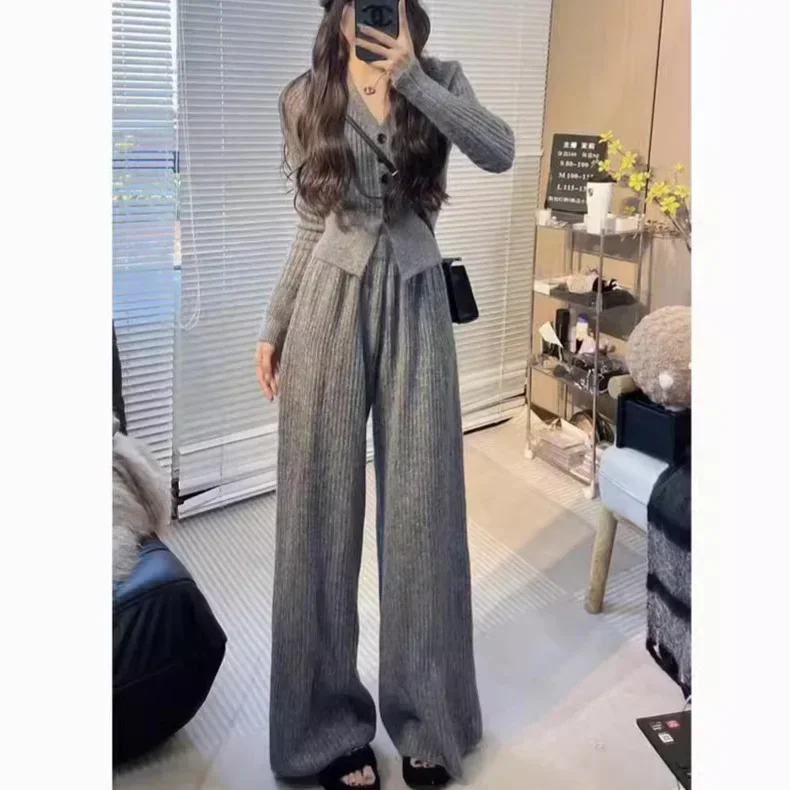 Winter 2024 New Loose Knit Cardigan Trouser Two-piece Set Tracksuit Sweater Crop Tops + High Waisted Pants Suit Outfit for Women