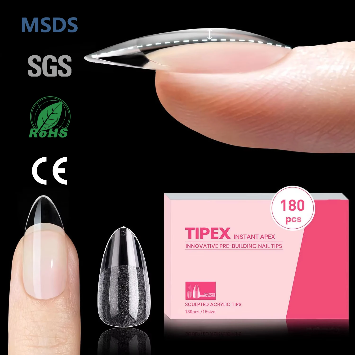180Pcs High Quality Press on Nails French Tip Wholesale Custom Logo Medium Almond Shaped Nails with Pink Tips Nail Drill Tips