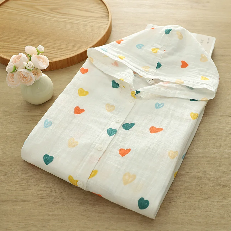 New 2025 Autumn Cotton Hooded Shirt, Women Long Sleeve Love Print, Mori Girl Sweet Japan Style Sunscreen Loose Blouse T57816CC
